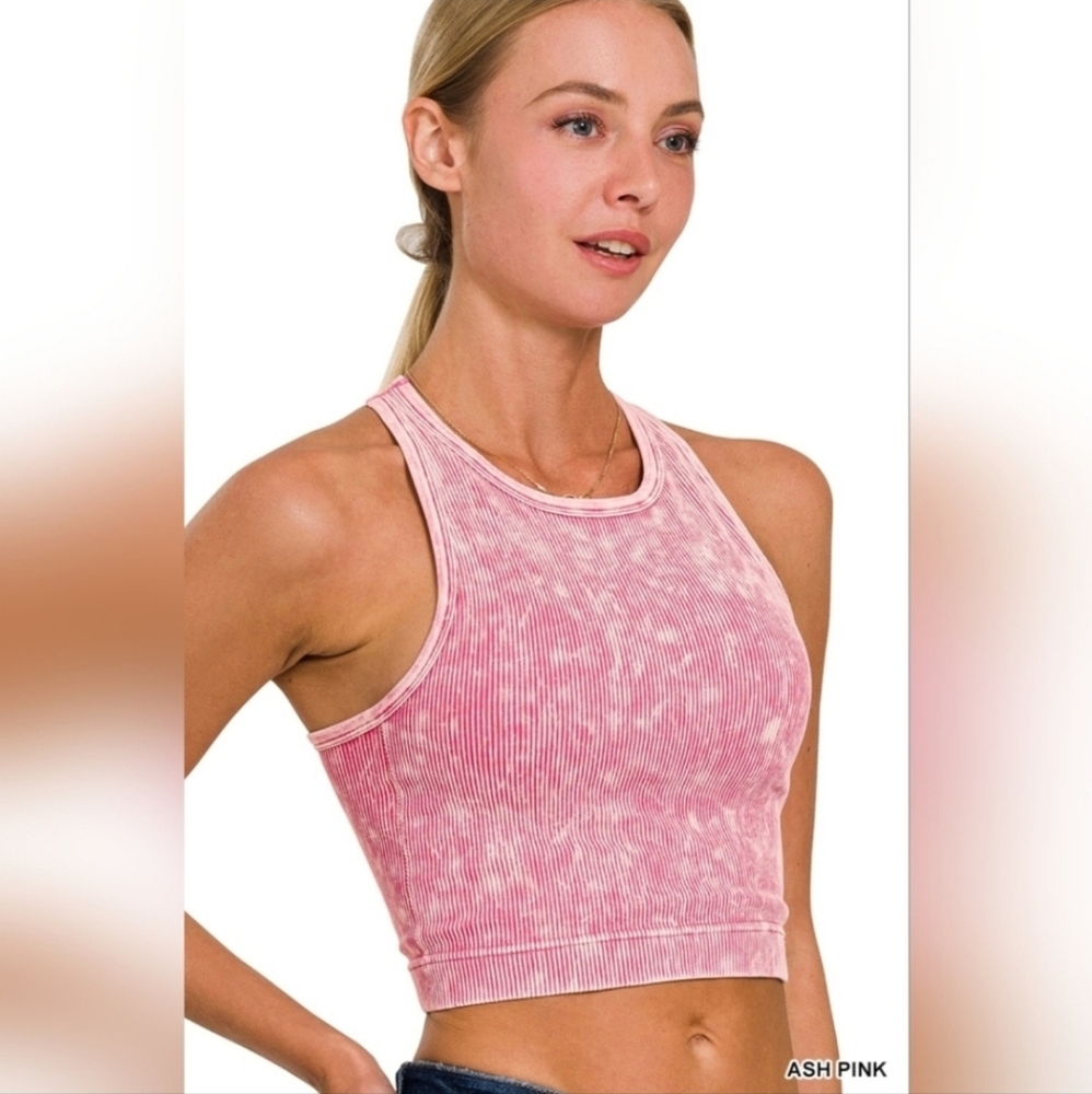 Zenana Washed Ribbed Seamless High-Neck Cropped Tank Top